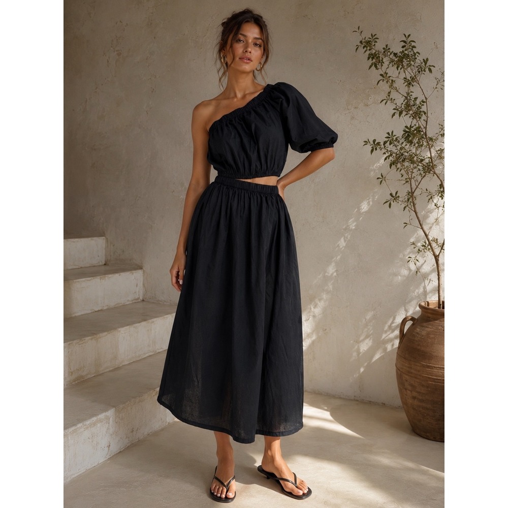 Pretty Lavish Black One Shoulder Cut Out Midi Dress Side Slit Cotton Poplin US 2
